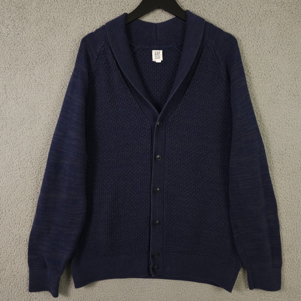 Gap Cardigan Sweater Mens XL Blue Marled Textured Shawl Neck Grandpa Button Up